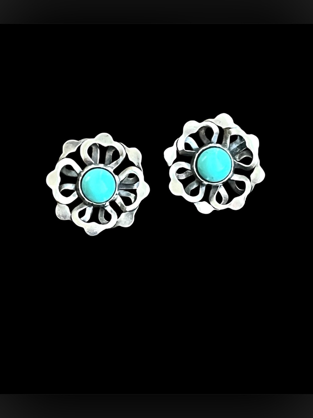 Vintage Mexican Sterling Silver Turquoise Flower Screw Back Earrings 1 inch